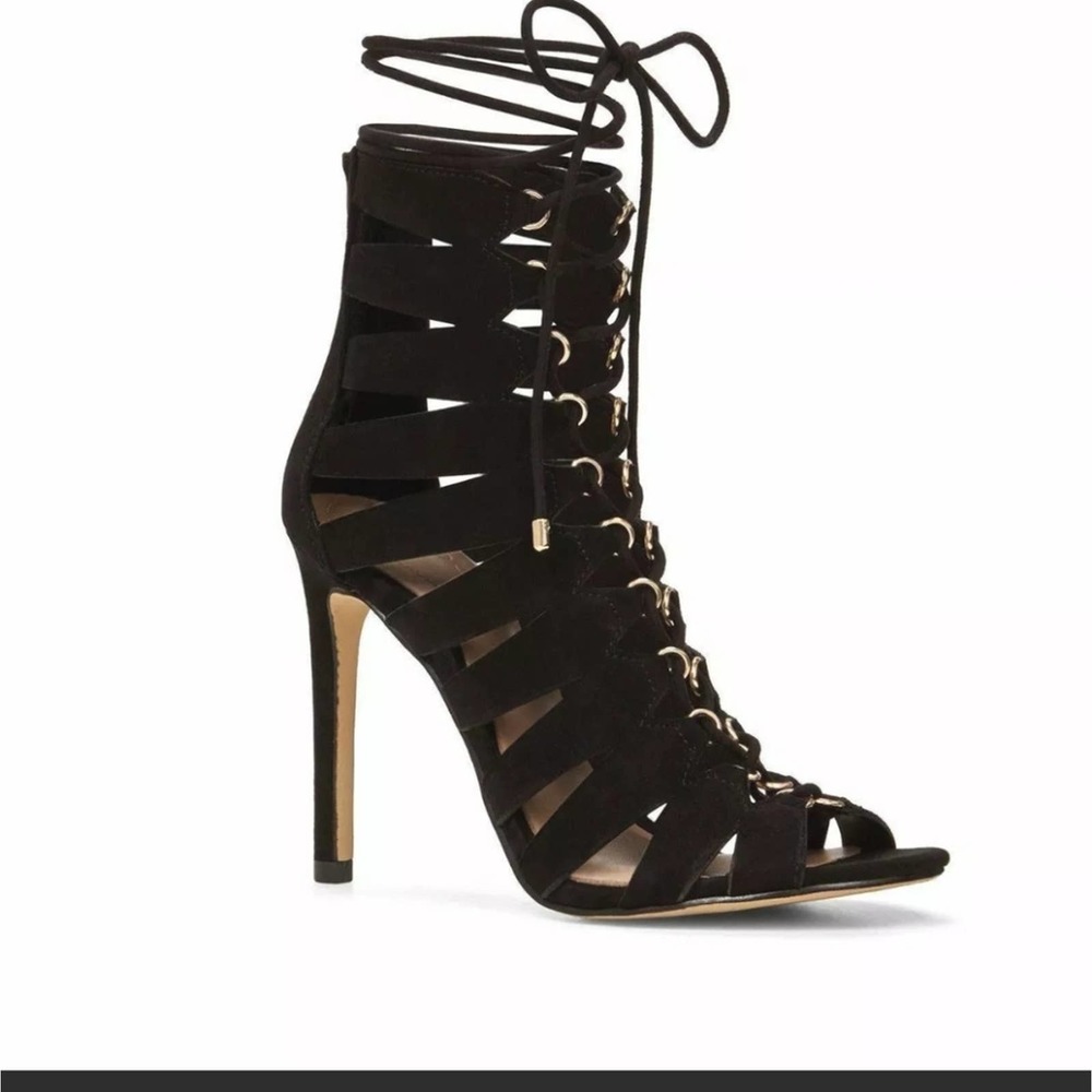 ALDO Black Stiletto High Heel Cagey Ghillie Open Toe Lace-Up Sandal Size 6.5